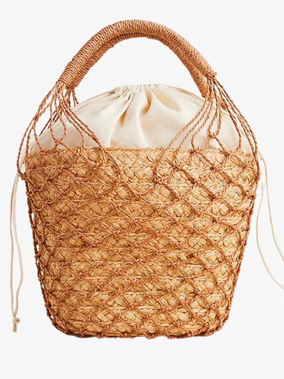 J. Crew Braided Straw Tote with Cream Drawstring Liner